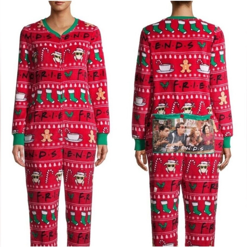 Friends Christmas Pajamas Women's XS (0-2) One Piece Union‎ Suit Back Flap